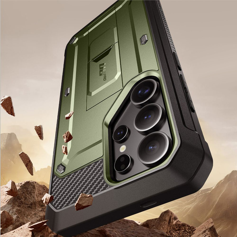 Etui pancerne z osłoną na ekran, z wbudowaną podstawką i kaburą z klipsem obrotowym Supcase Unicorn Beetle Pro do Galaxy S25 Ultra, zielone